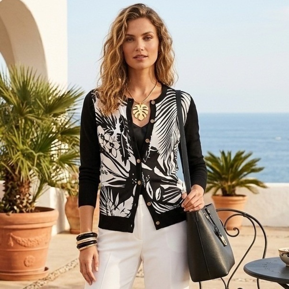Lauren Ralph Lauren Cardigan Sweater Petite Black Floral Print Silk Blend